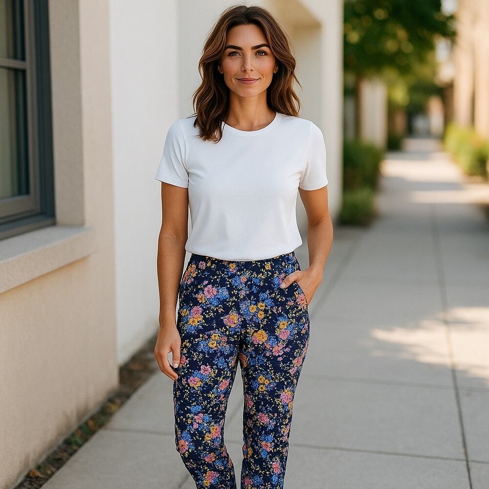 Laundry Womens Pants Size 14 Navy Blue Floral Capris Short Shelli Segal